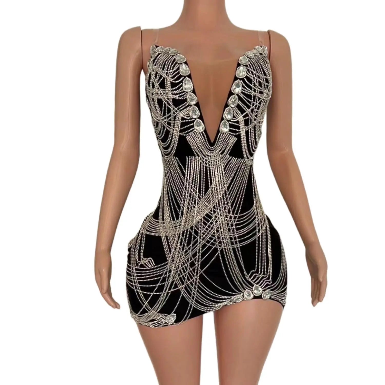 Sexy Women Birthday Sparkly Rhinestone Short Dress See Through Crystals Sleeveless Date Party Singer Performance Costume