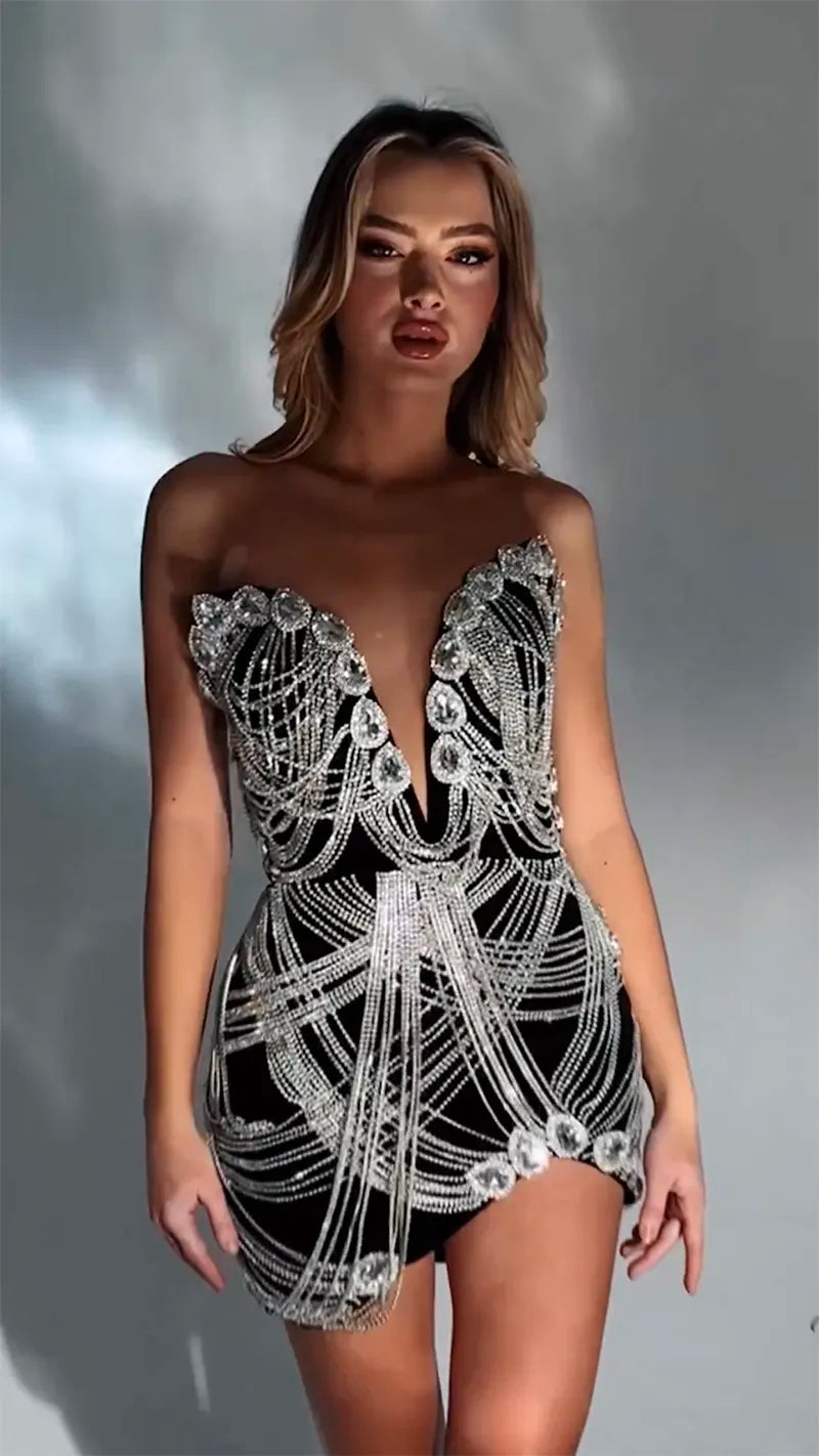 Sexy Women Birthday Sparkly Rhinestone Short Dress See Through Crystals Sleeveless Date Party Singer Performance Costume