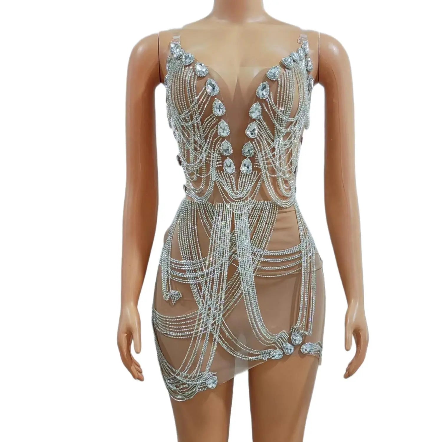 Sexy Women Birthday Sparkly Rhinestone Short Dress See Through Crystals Sleeveless Date Party Singer Performance Costume