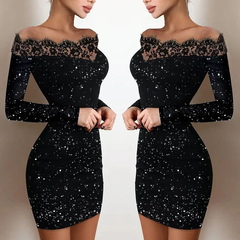 Sexy Women Elegant Cocktail Black Off Shoulder Glitter Party Evening Chic Dresses Long Sleeve Package Hip Bodycon Dress Clothes