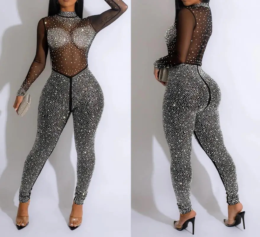 Sexy Women's Jumpsuit Nightclub Women's Clothing Solid Color Mesh Hot Drill Long-Sleeved See-Through Trousers Jumpsuit