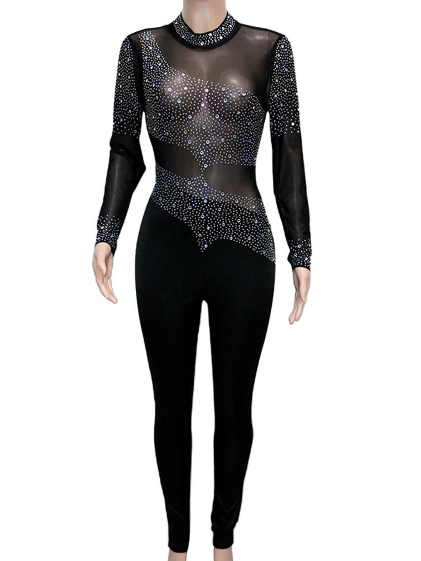 Sexy See Through Rhinestone Mesh Bodycon Jumpsuit Women Summer Long Sleeve Jumpsuits Body Birthday Party Club Outfits Bodysuit