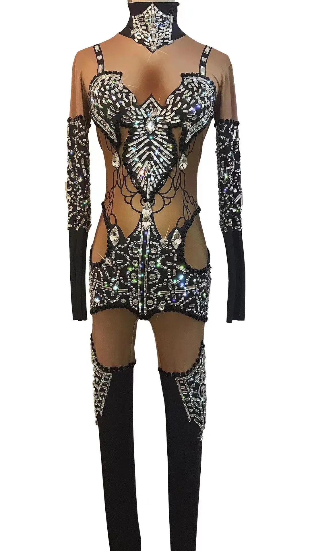 Women Stage Flash Silver Rhinestones Spandex Jumpsuit