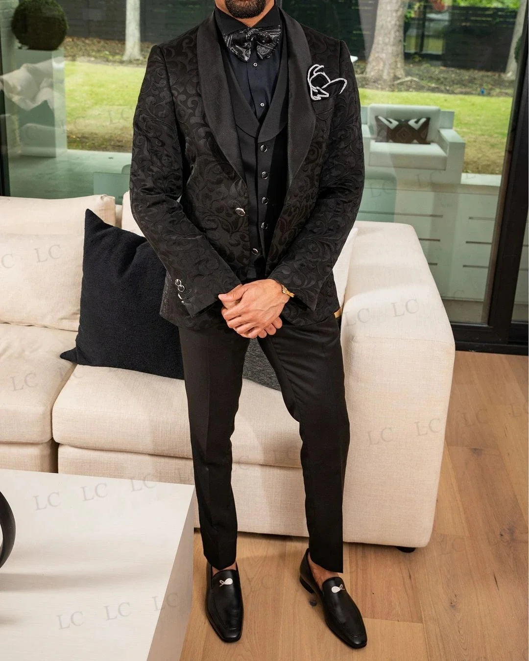 Floral Jacquard Slim Fit Wedding Groom Men Suits 3 Piece Blazer Vest Pants One Button Tuxedo Formal Prom Plus Size Tailored