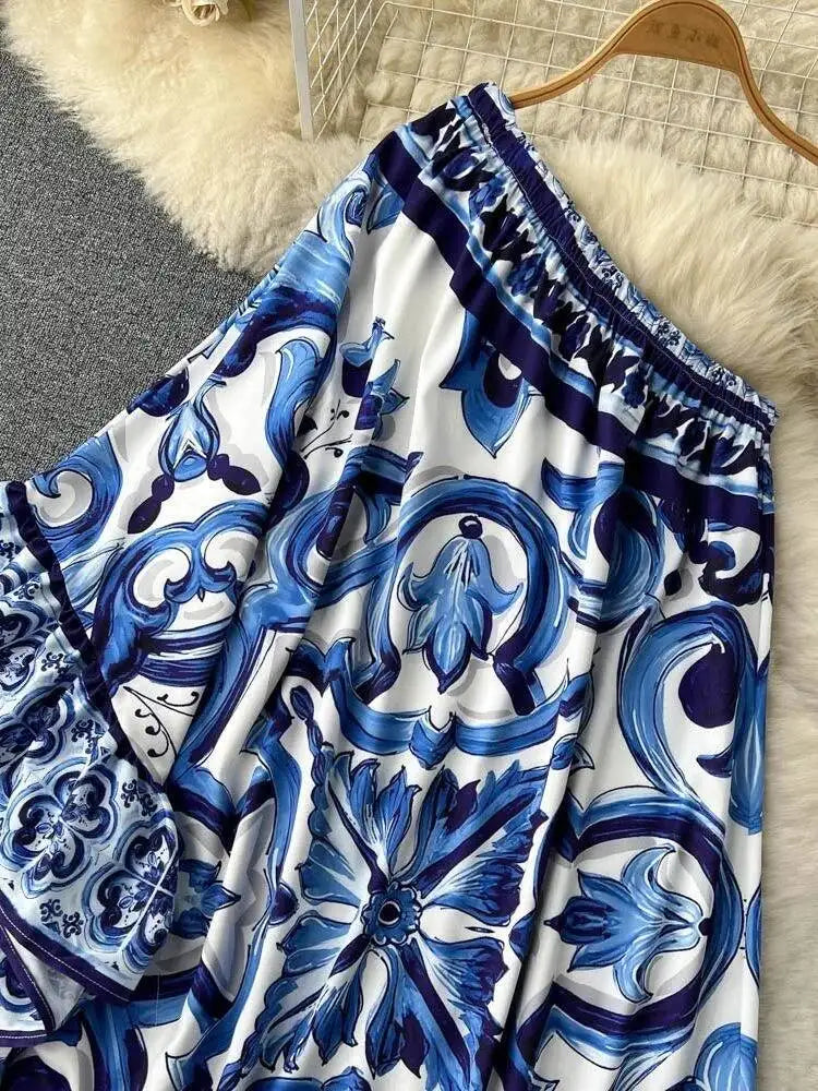 Summer Long Dress Women Runway Blue And White Porcelain Asymmetry Sexy Off The Shoulder Ruffles Hem Loose Robe Maxi Vestidos