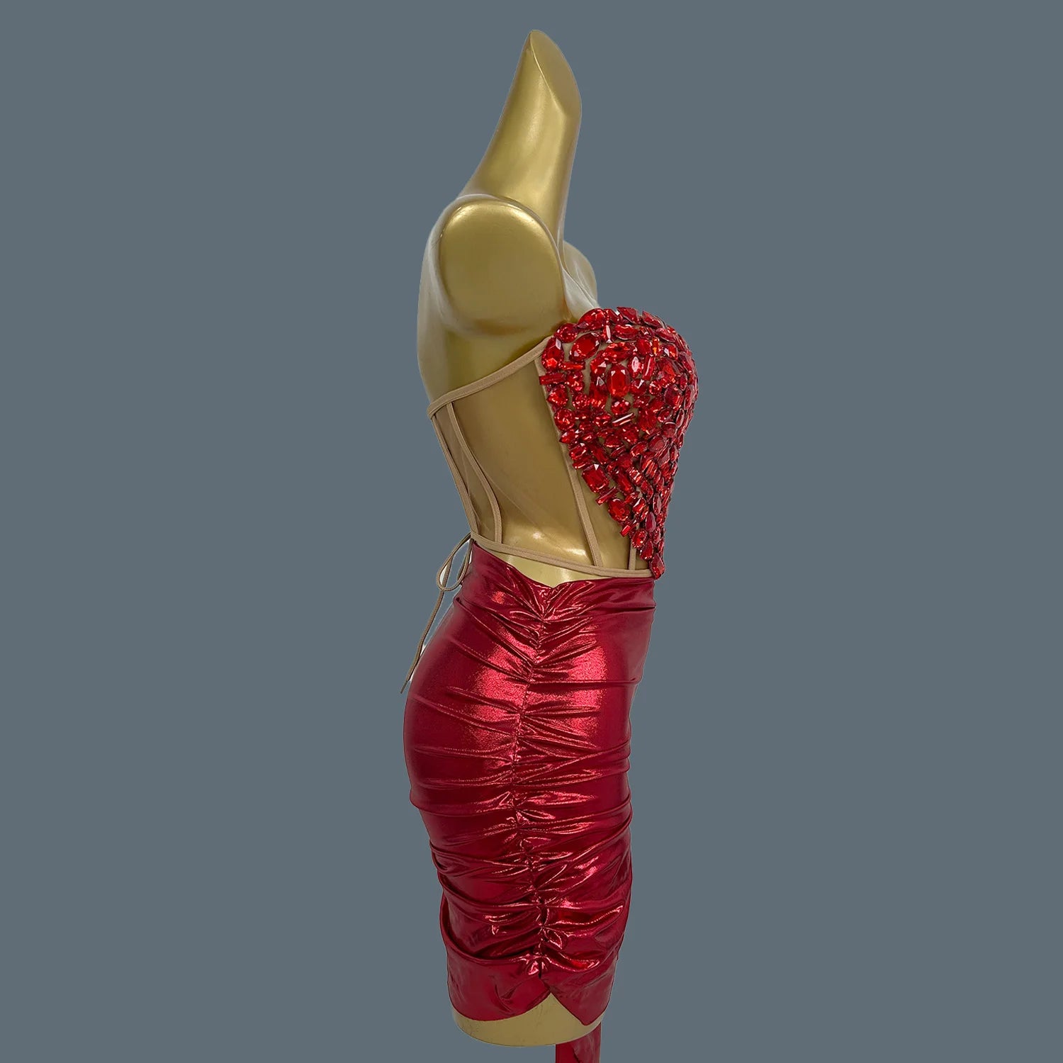 Sparkly Red Diamonds Sexy Top Skirt 2 Pcs Set Women Celebrate Party Birthday NightClub Performance Stage Outfit Show Wear