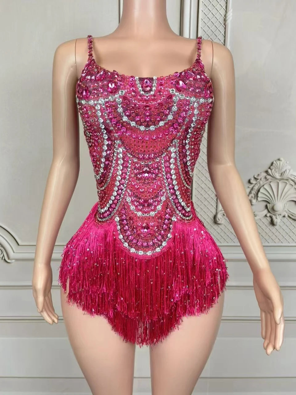 Hot Pink Crystal Chain-Fringe Performance Bodysuit - detail view 6