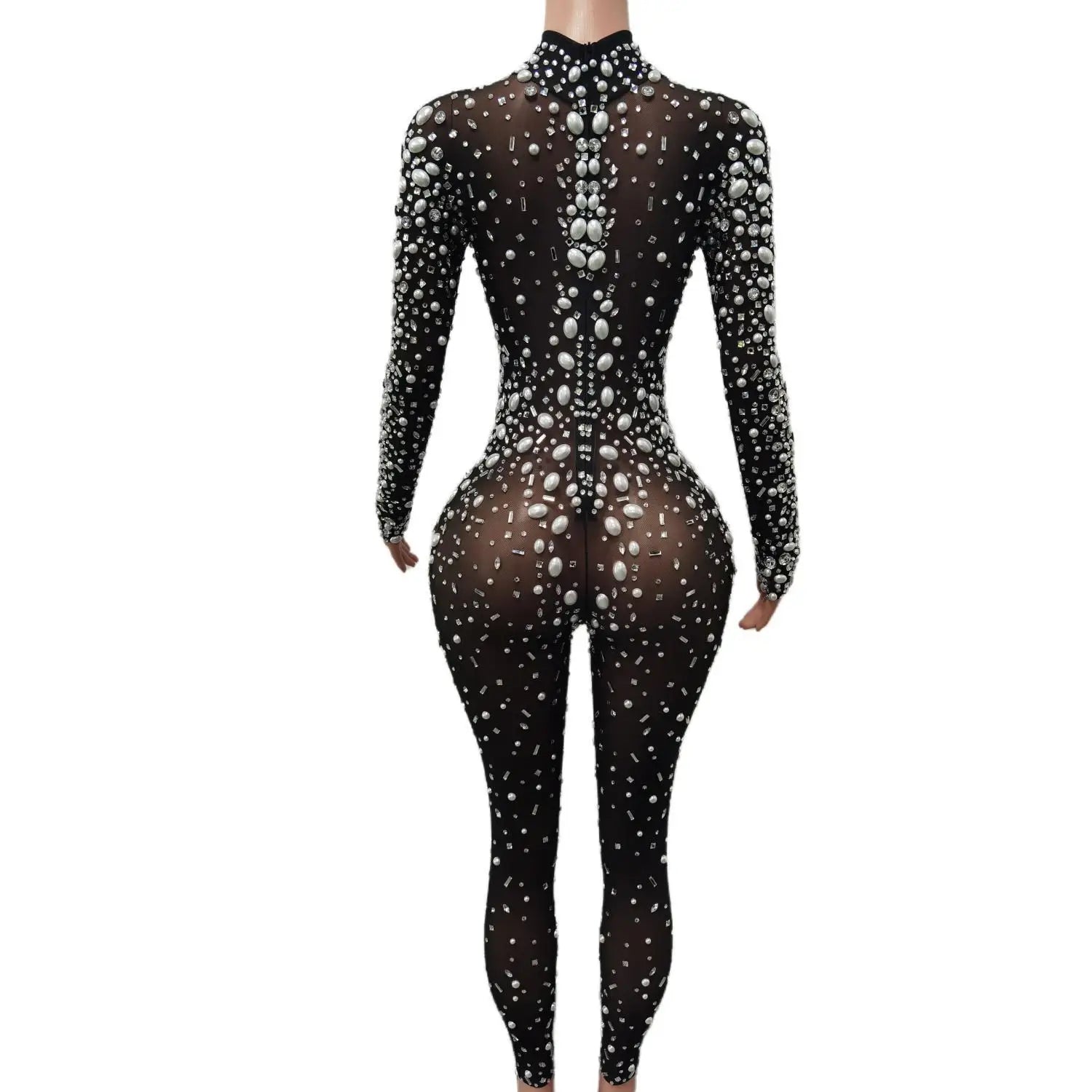 Women Stage Big Pearls Rhinestones Stretchy Transparent Jumpsuit Evening Birthday Celebrate Outfit Sexy Dancer Bodysuit
