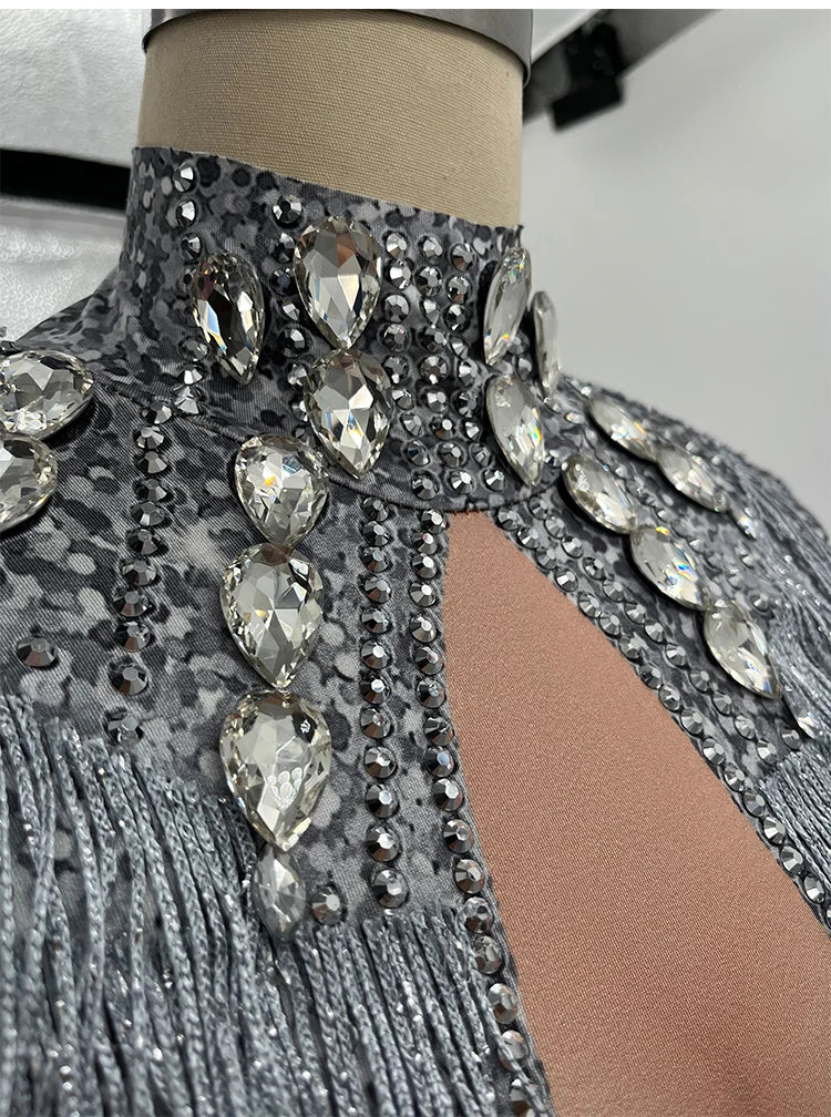 Sparkly Rhinestone silver Fringes Bodysuit Dance drag queen Costume Big Crystals Bodysuit Tassel DJ DS club birthday Party Stage