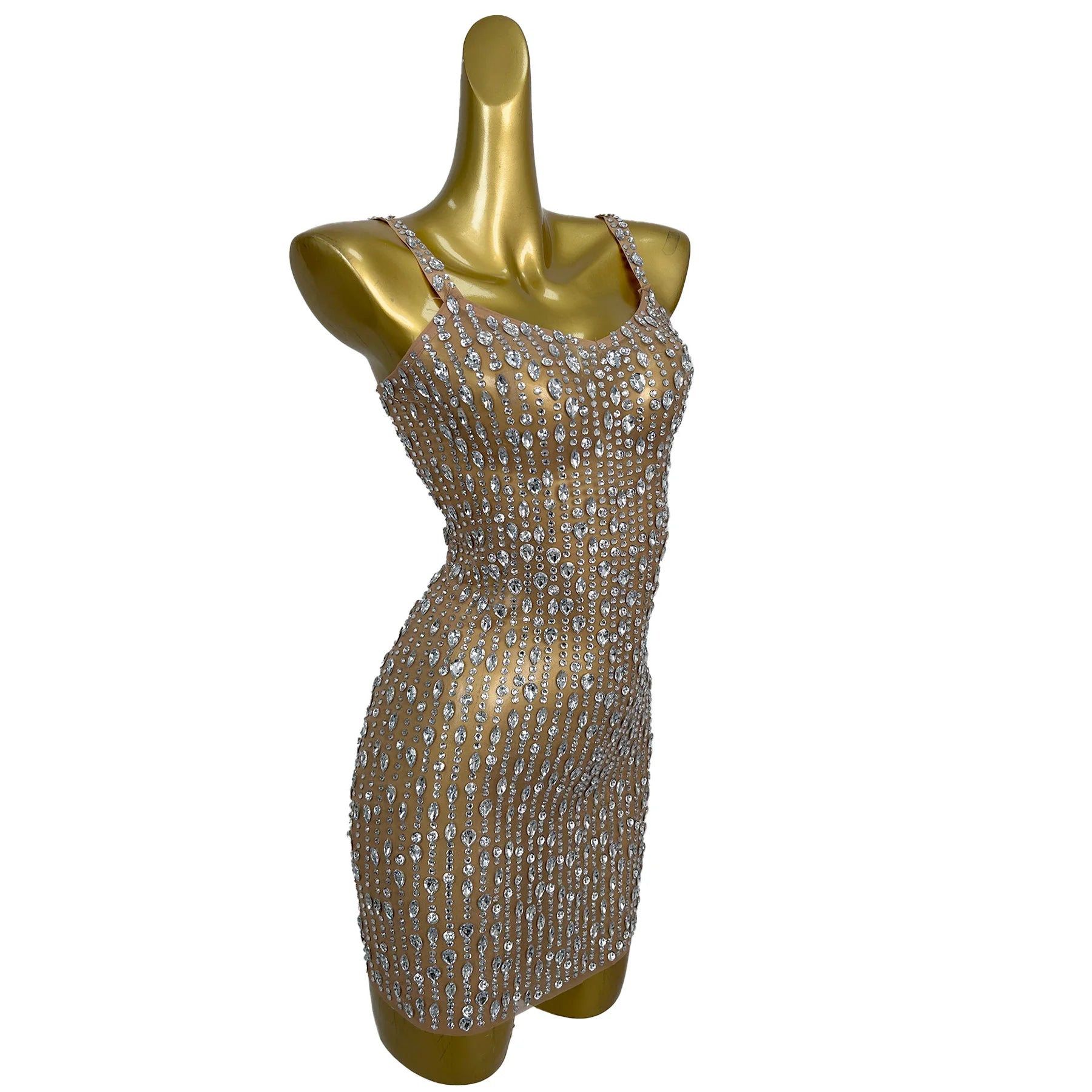 Sparkly Silver Crystals Slip Mini Dress Women SexySee Through Mesh Cocktail Dress Birthday Party Event High-end Outfit