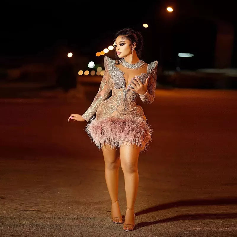 Custom Beads Short Prom Dress Ostrich Robes De Soirée Crystals Prom Dress with Sleeves Special Occasion Birthday Wear