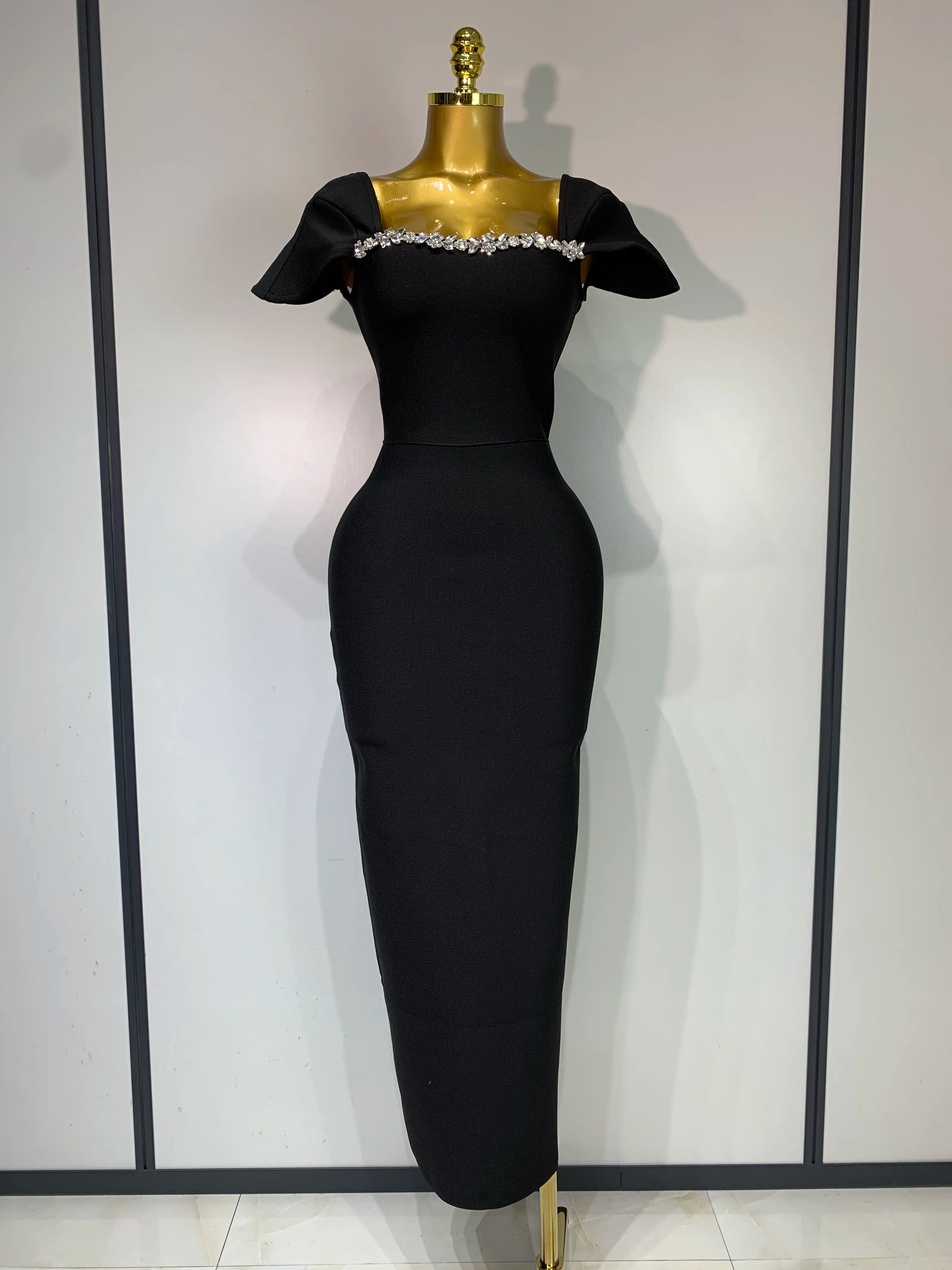 Celebrity Elegant Bandage Long Party Dress Women Sexy Square Collar Stretch Evening Prom Gown Club Luxury Birthday Dresses