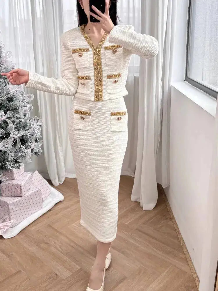 Luxury Crystal Long Evening Dresses Women 2 Piece Women Skirt Suits Beading Knitting Cardigans Sweater Long Pencil Skirts Sets