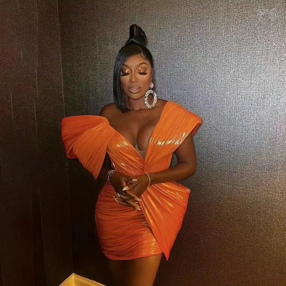 Trendy Orange Short Dresses Women Party Dress Trimmed Shoulder Covered Sexy Mini Dress Special Fabric Prom Gowns Customized