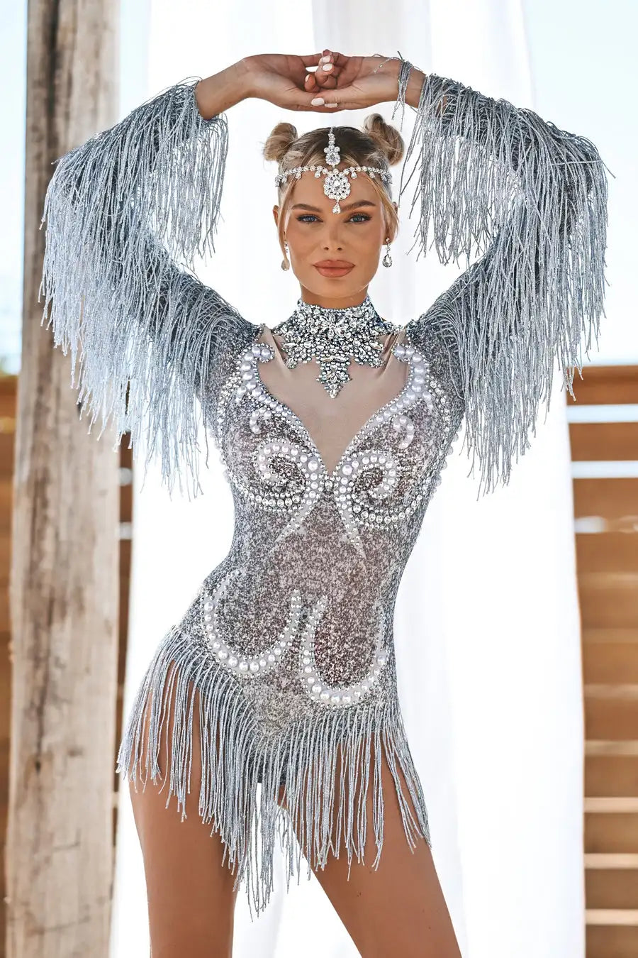 Sexy Long Sleeves Tassel Pearls One Piece Short Jumpsuit Stripper Outfits Dancewear Women Stage Performance Rhinestone Bodysuits