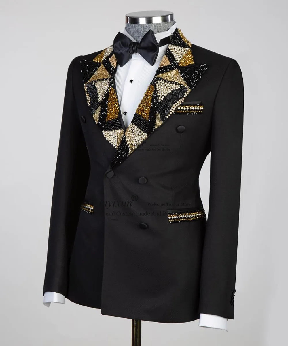 Luxurious Jewelry Ornament Tuxedos Men Suits 2 Pieces Wedding Groom Dinner Party Male Prom Blazers