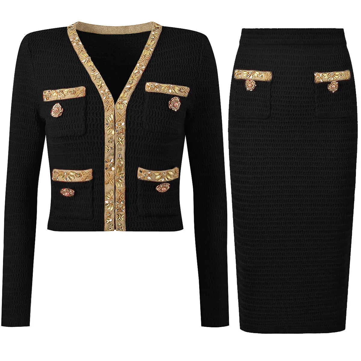 Luxury Crystal Long Evening Dresses Women 2 Piece Women Skirt Suits Beading Knitting Cardigans Sweater Long Pencil Skirts Sets