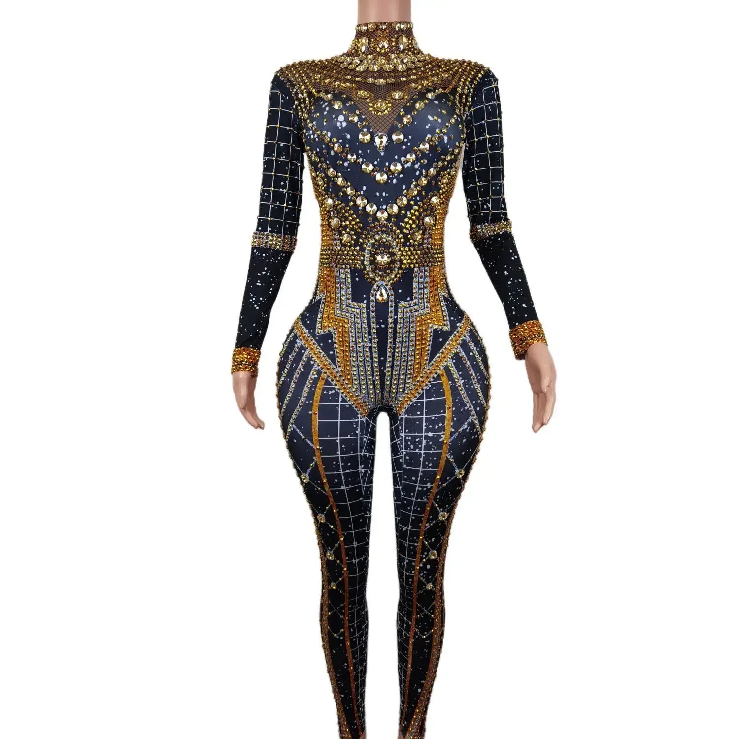 Sexy Long Sleeves Gold Silver Bodycon Rompers Festival Outfit Lady Crystals Bodysuits Women Birthday Party Rhinestone Jumpsuits