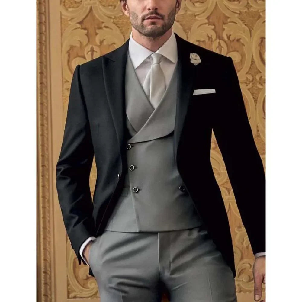 Peak Lapel Suit 3 Piece Formal Business Causal Groom Wedding Tuxedo Full Men's Suit Slim Fit (Blazer+Vest+Pants)