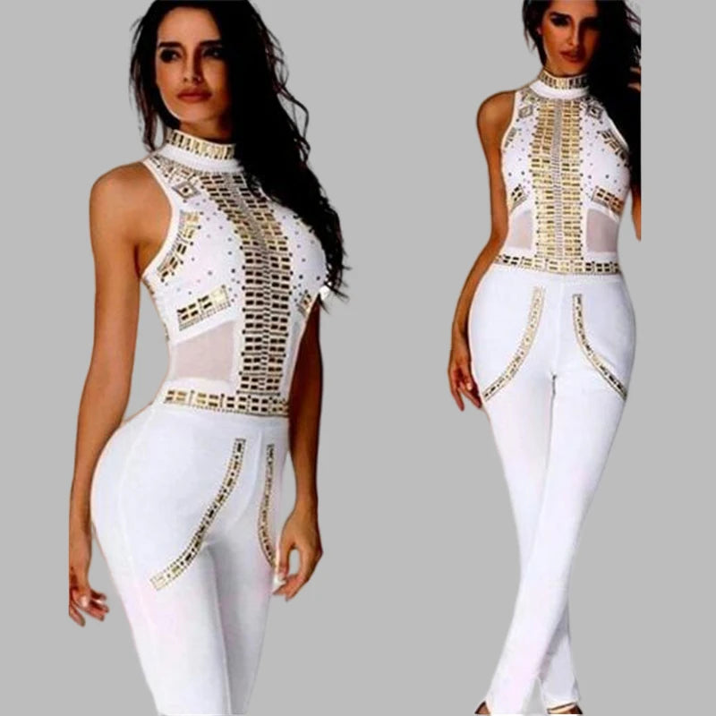 Black Luxury Diamond Pants Jumpsuit Women Fashion Sleeveless Hollow Out Party Bodysuit Elegant Pencil Pant One Pieces