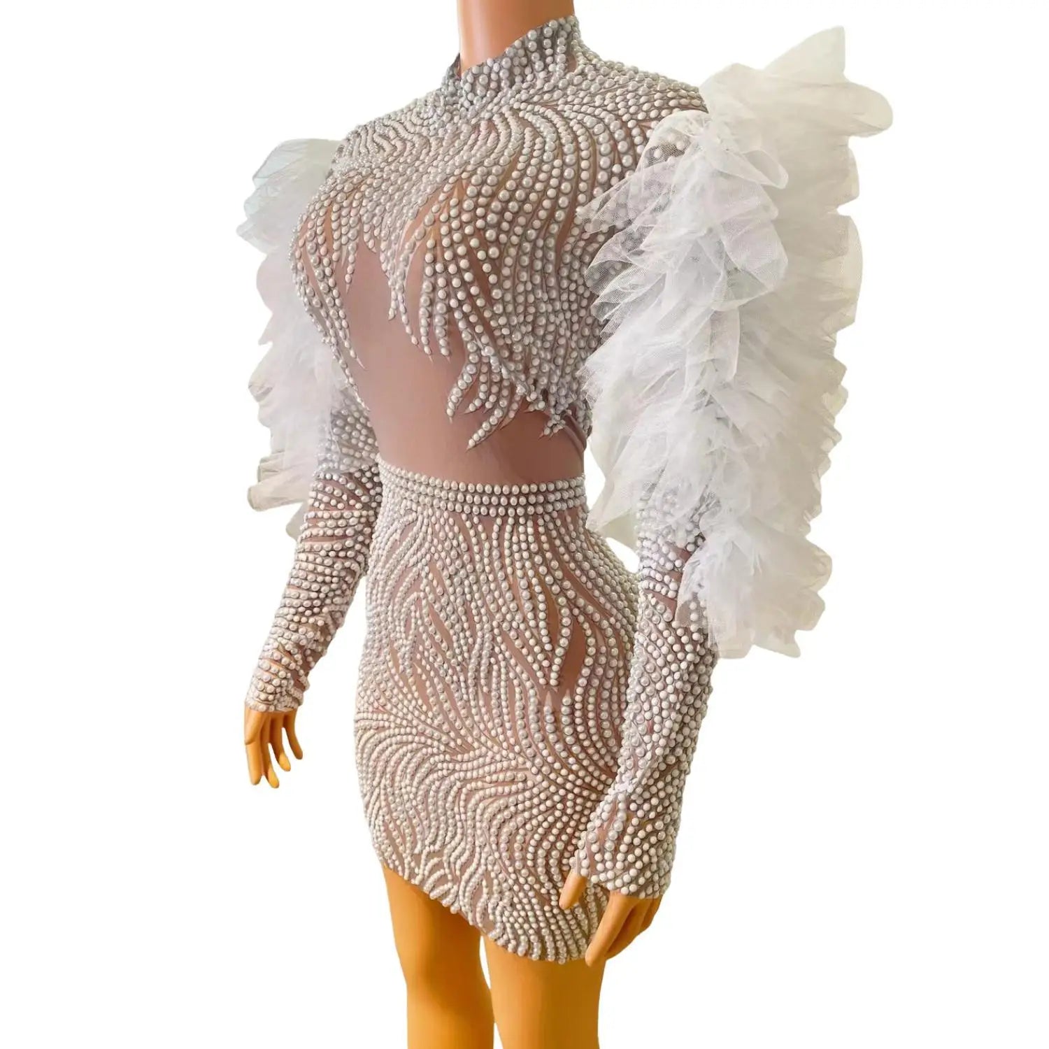 Sheer Long Sleeve Women Cocktail Gown Sparkly White Pearls African Black Girls Short Prom Dresses for Birthday Party Maisui