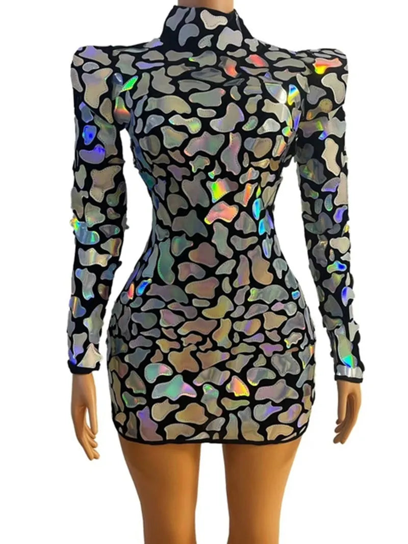 Shining AB Colors Sequins Long Sleeve Dress Evening Party Birthday Outfit Nightclub Dance Costume Singer Performance Stage Wear