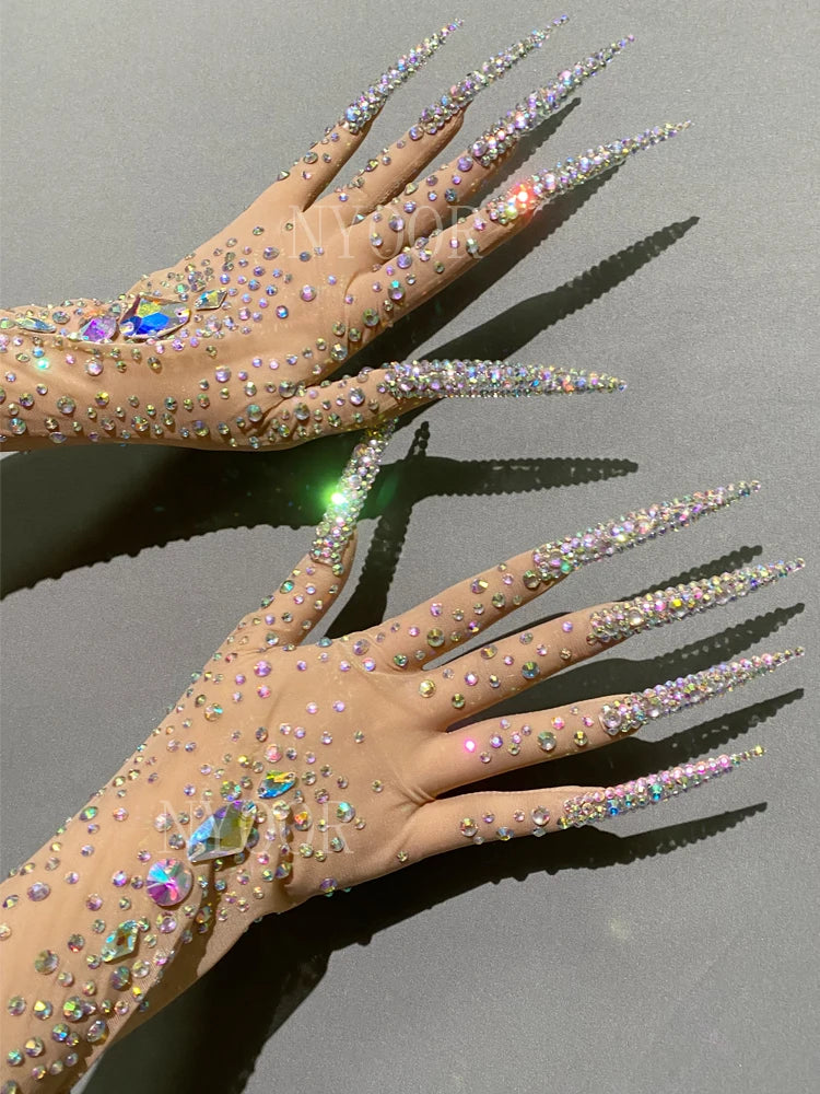 Shining Colored Rhinestones Transparent Mesh Sexy Long Gloves Dancer