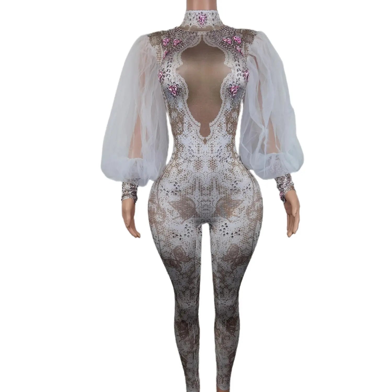 Shining Rhinestones Sexy Long Gauze Folds Sleeves Jumpsuits Women Carnival Party Club Clothing Stage Perform Costumes