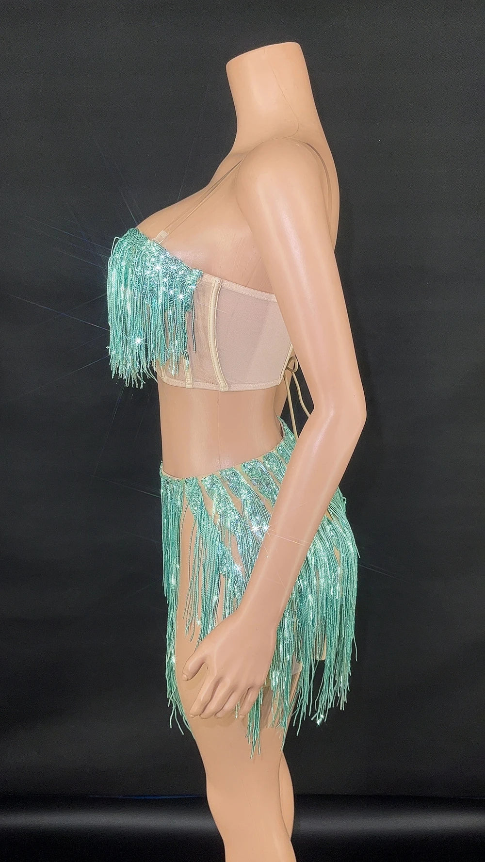 Shining Sequins Fringe Tube Top Short Skirt Two Pieces Women Sexy Party Birthday Dress Performance Dance Costume Show Stage Wear