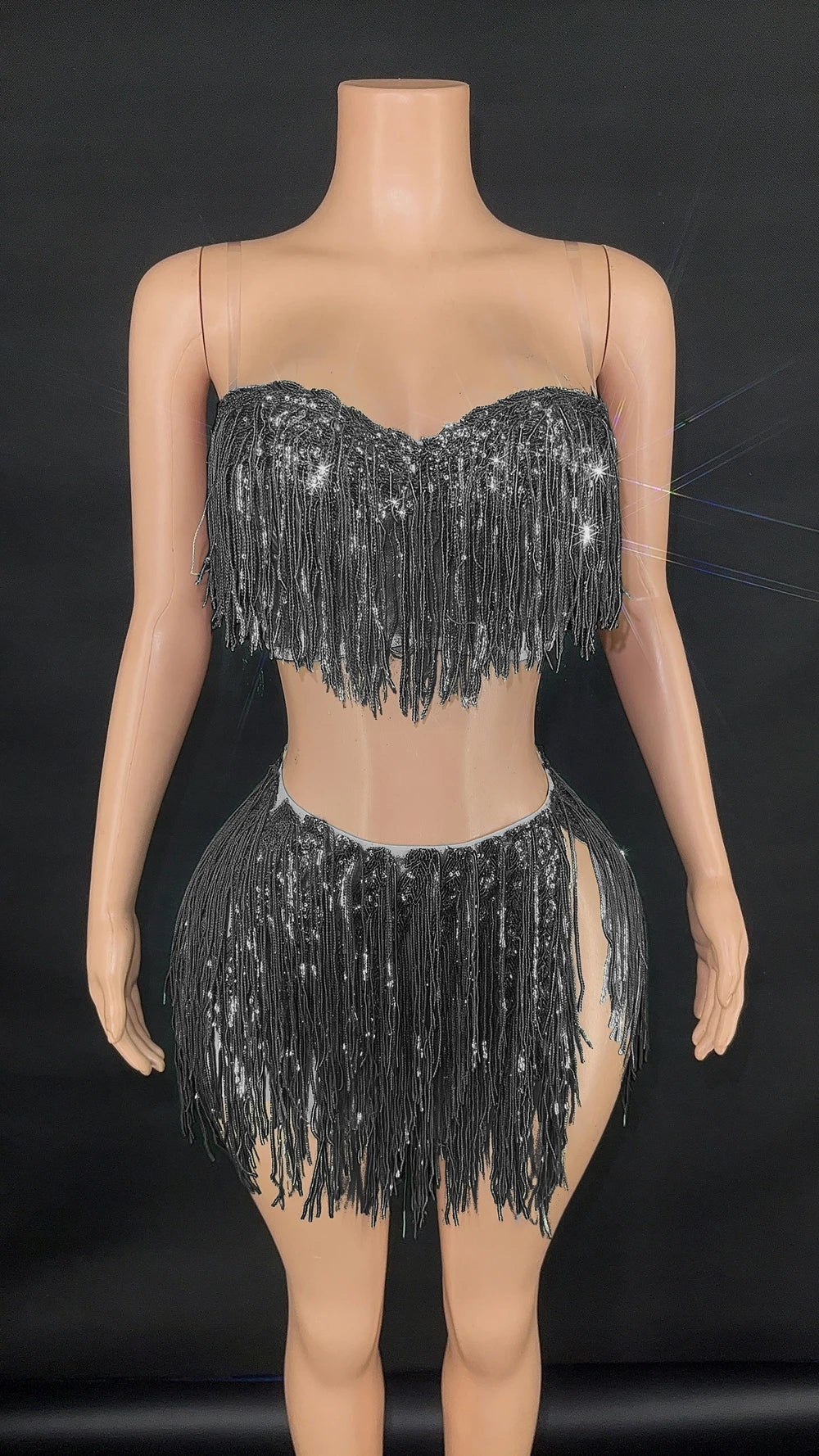 Shining Sequins Fringe Tube Top Short Skirt Two Pieces Women Sexy Party Birthday Dress Performance Dance Costume Show Stage Wear