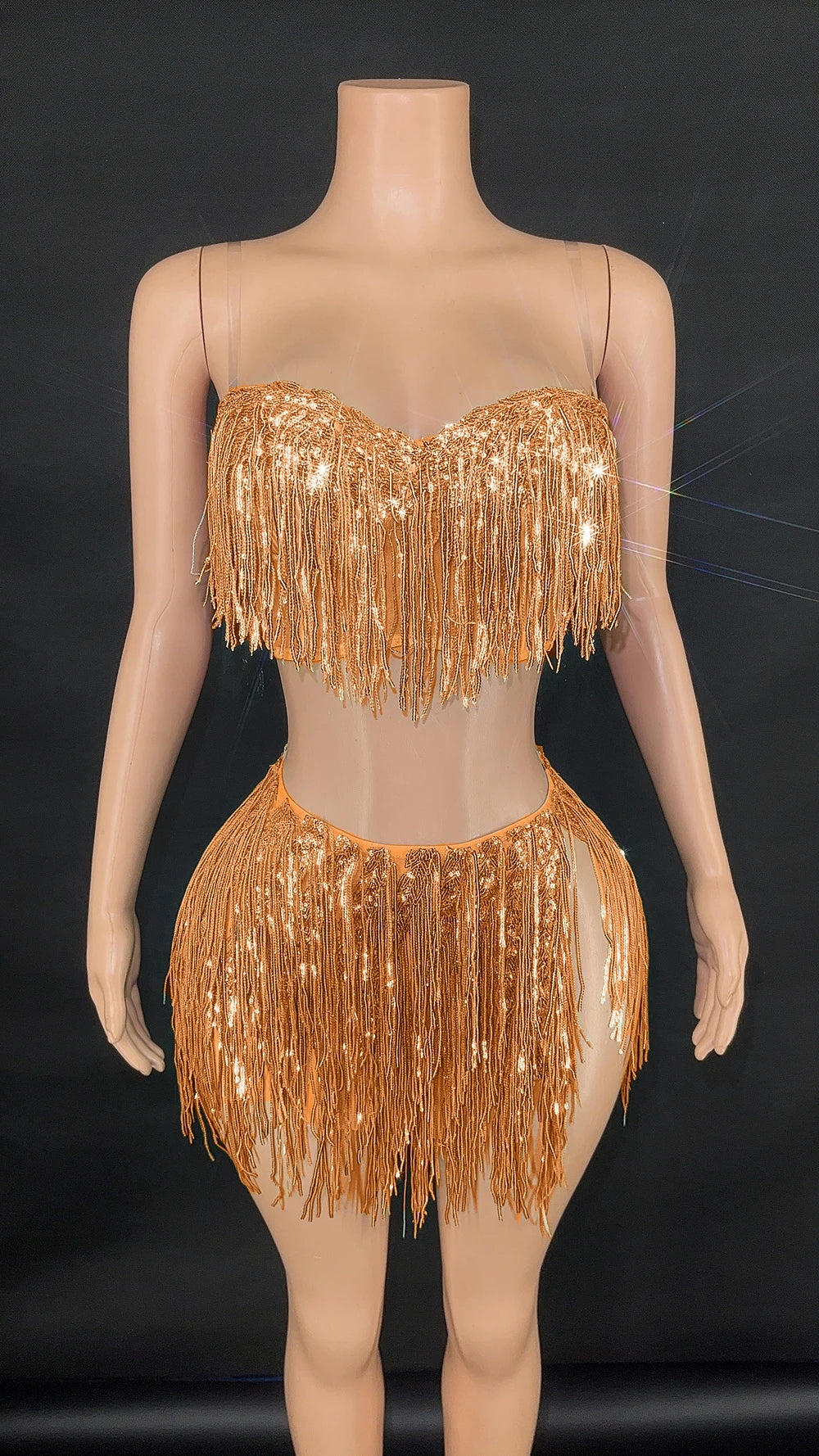 Shining Sequins Fringe Tube Top Short Skirt Two Pieces Women Sexy Party Birthday Dress Performance Dance Costume Show Stage Wear