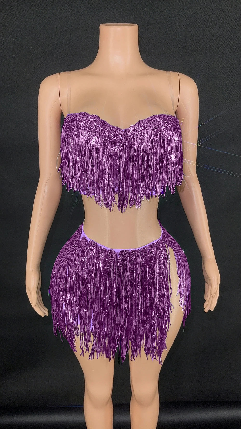 Shining Sequins Fringe Tube Top Short Skirt Two Pieces Women Sexy Party Birthday Dress Performance Dance Costume Show Stage Wear