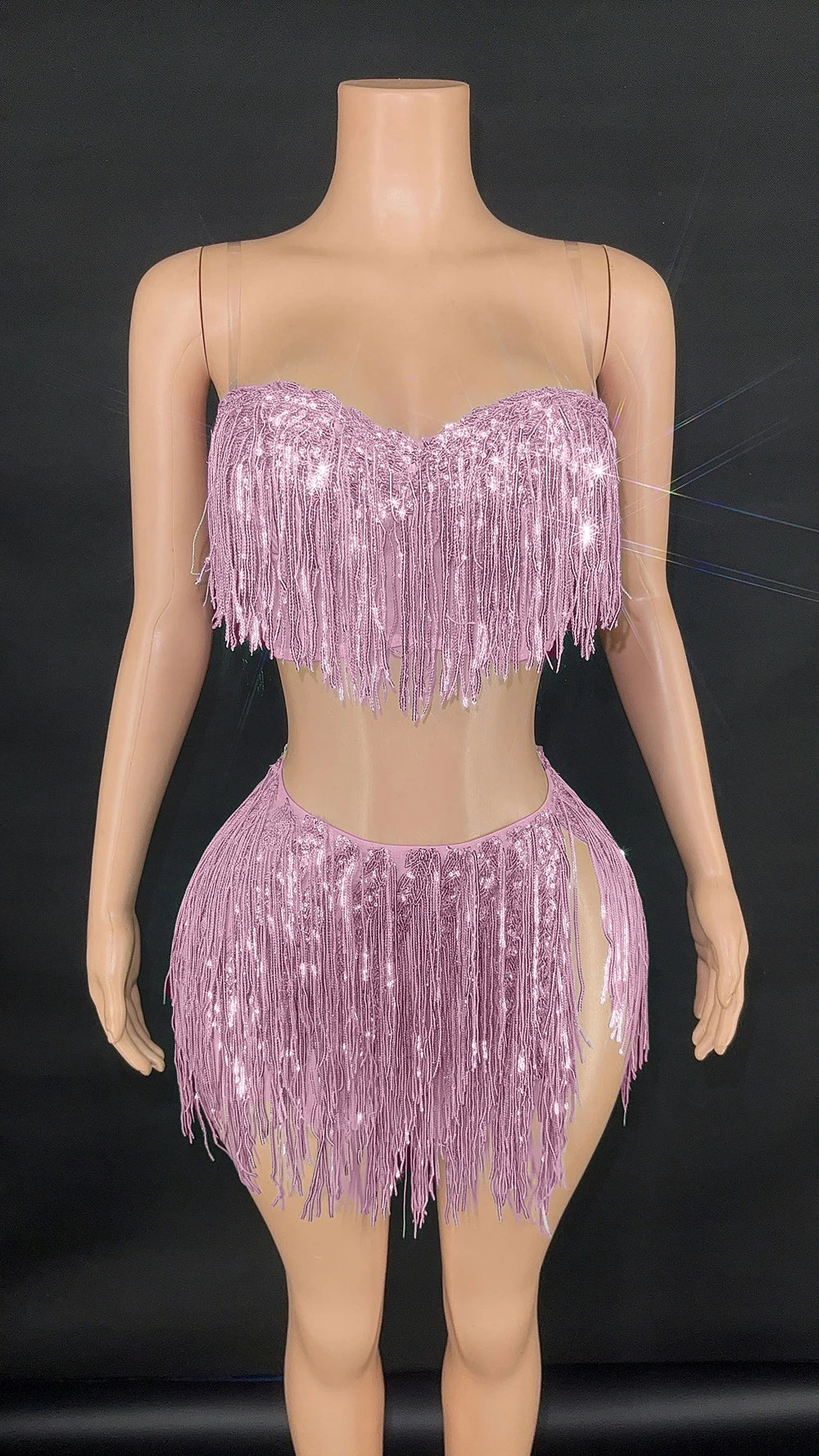 Shining Sequins Fringe Tube Top Short Skirt Two Pieces Women Sexy Party Birthday Dress Performance Dance Costume Show Stage Wear