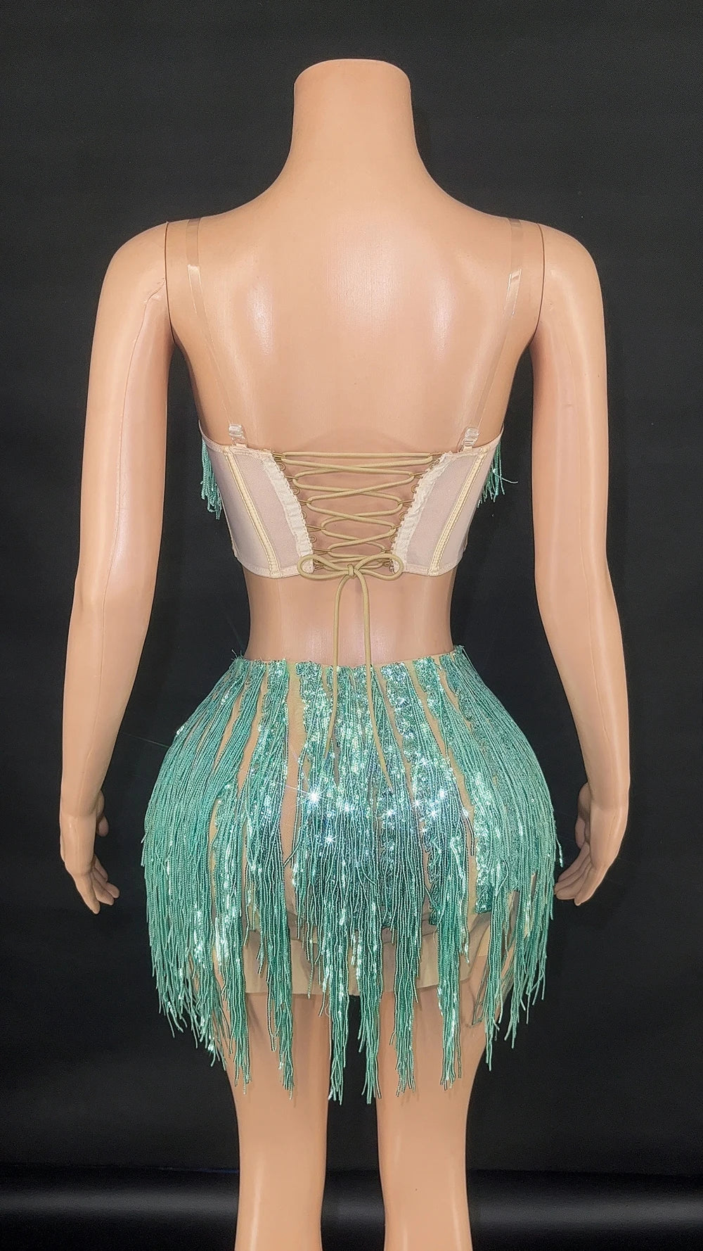 Shining Sequins Fringe Tube Top Short Skirt Two Pieces Women Sexy Party Birthday Dress Performance Dance Costume Show Stage Wear