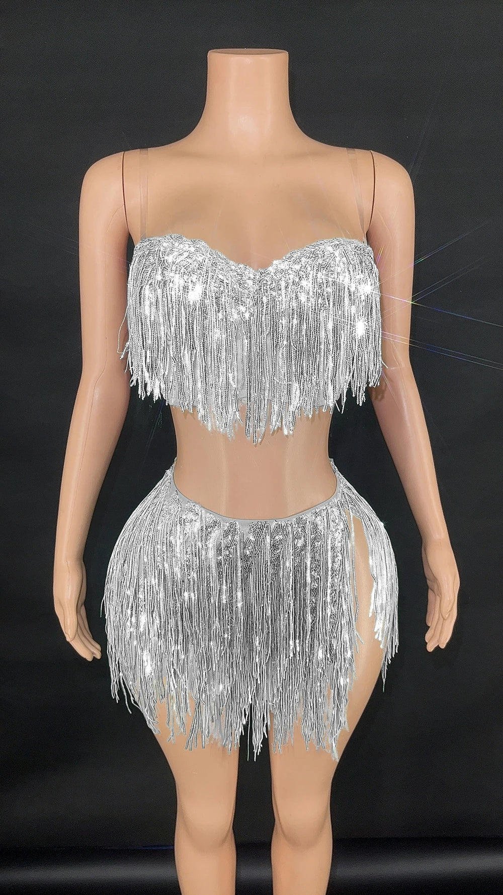 Shining Sequins Fringe Tube Top Short Skirt Two Pieces Women Sexy Party Birthday Dress Performance Dance Costume Show Stage Wear