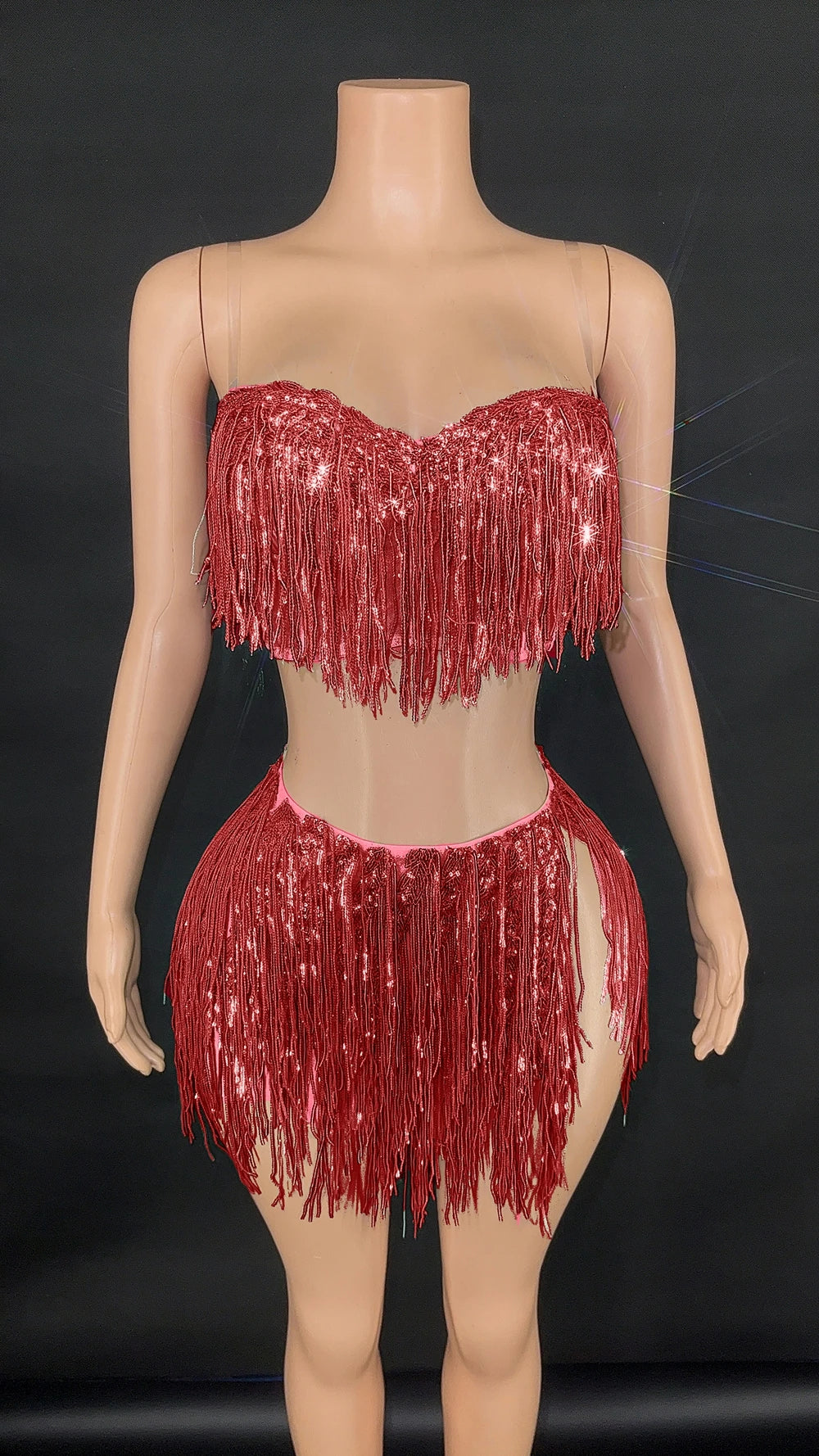 Shining Sequins Fringe Tube Top Short Skirt Two Pieces Women Sexy Party Birthday Dress Performance Dance Costume Show Stage Wear