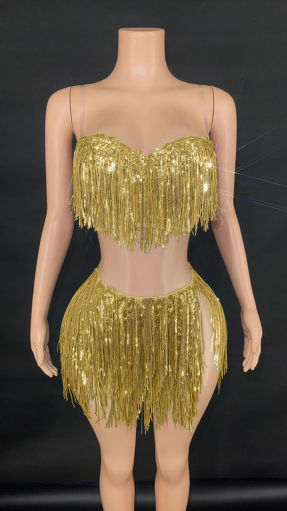 Shining Sequins Fringe Tube Top Short Skirt Two Pieces Women Sexy Party Birthday Dress Performance Dance Costume Show Stage Wear