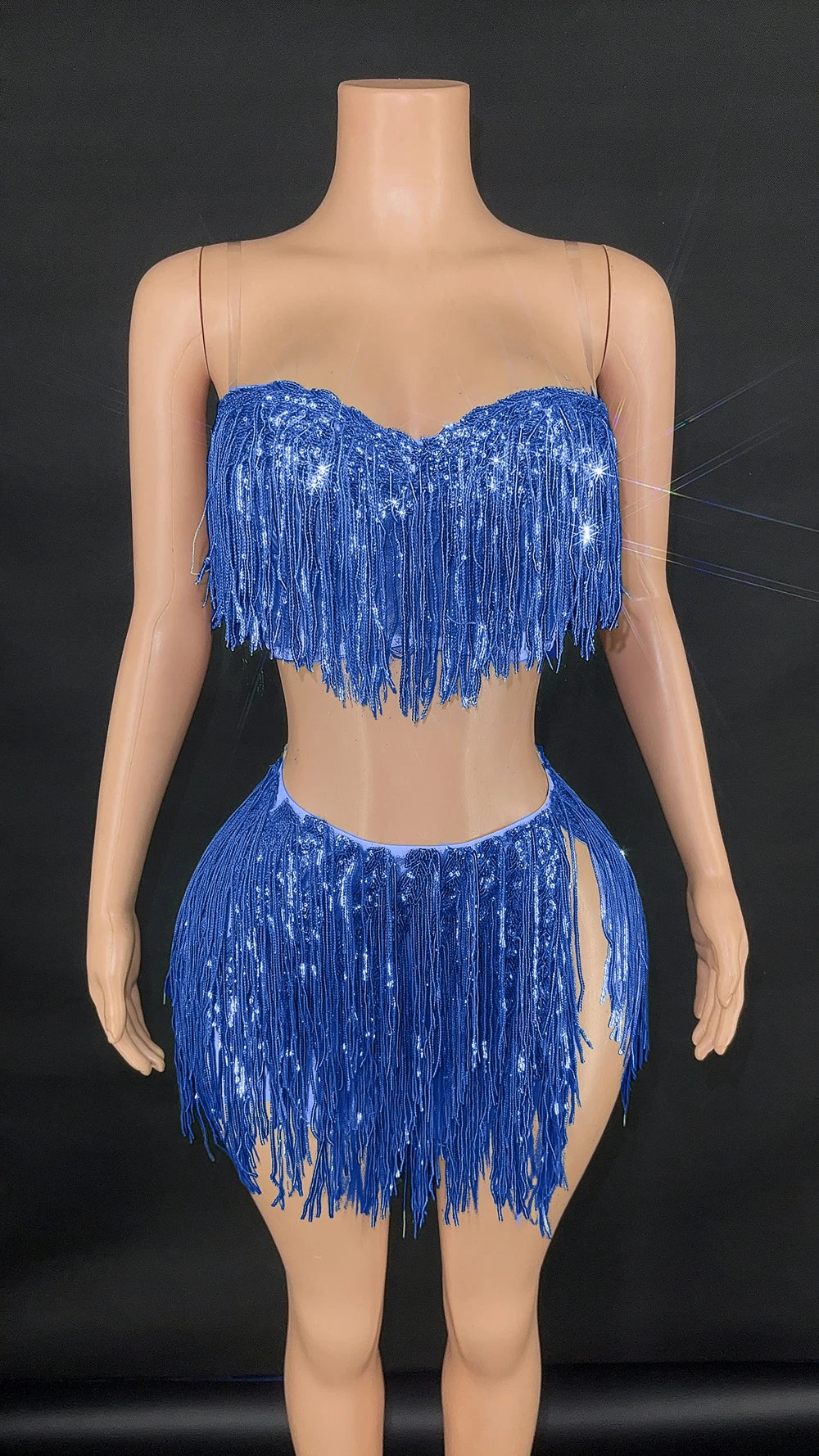 Shining Sequins Fringe Tube Top Short Skirt Two Pieces Women Sexy Party Birthday Dress Performance Dance Costume Show Stage Wear
