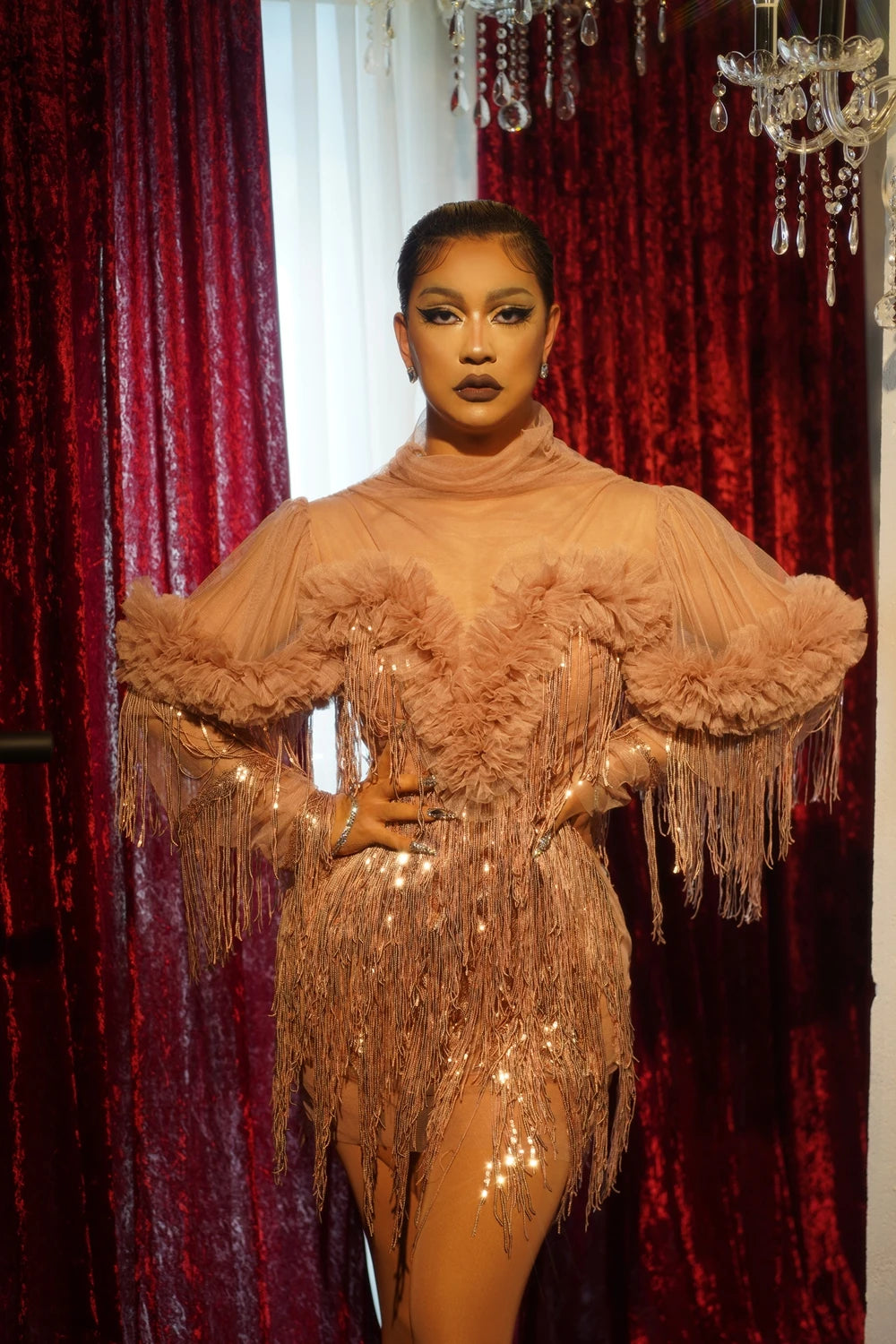 Shining Sequins Fringes Dress Sexy Mesh Perspective Dance Costume Party Birthday Dress Club Outfit Performance Show Stage Wear