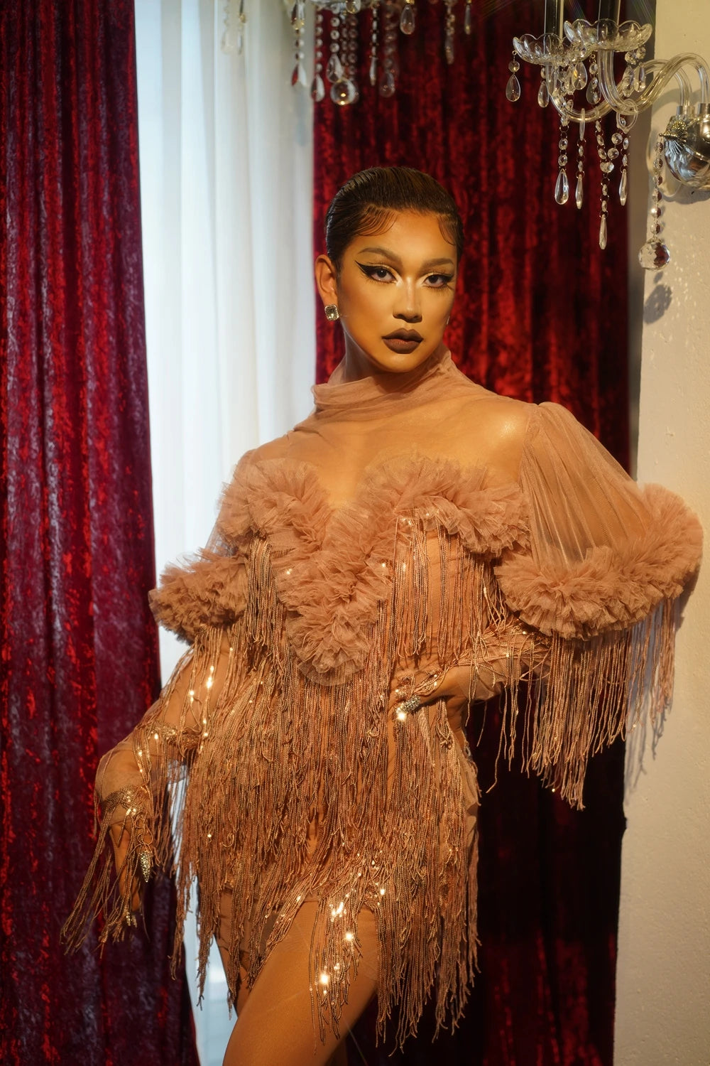 Shining Sequins Fringes Dress Sexy Mesh Perspective Dance Costume Party Birthday Dress Club Outfit Performance Show Stage Wear