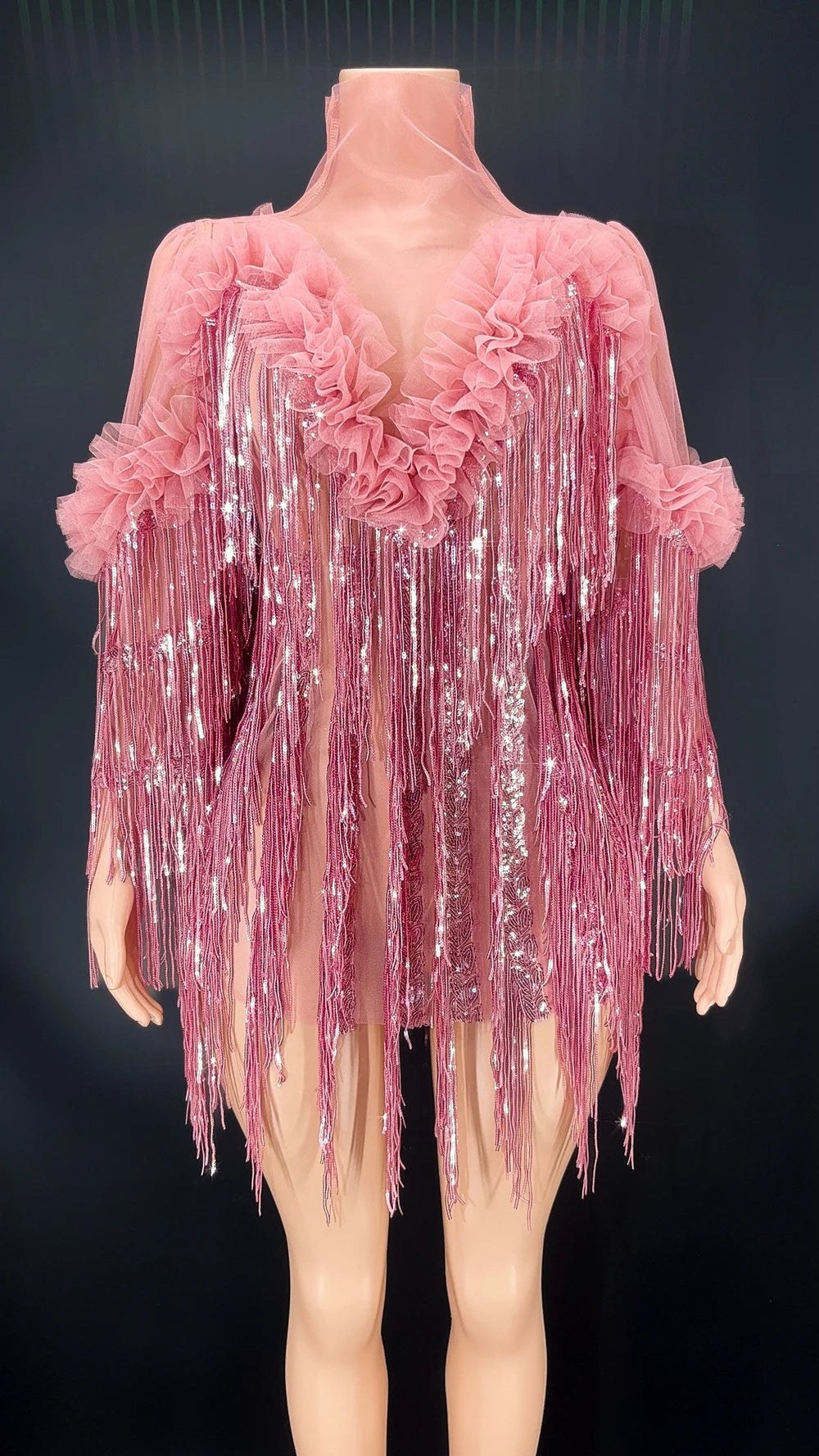 Shining Sequins Fringes Dress Sexy Mesh Perspective Dance Costume Party Birthday Dress Club Outfit Performance Show Stage Wear