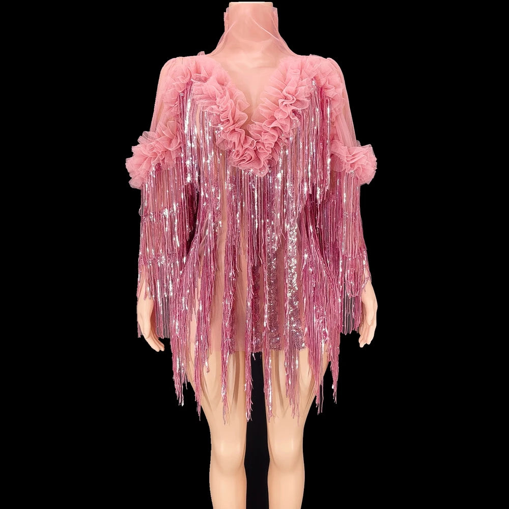Shining Sequins Fringes Dress Sexy Mesh Perspective Dance Costume Party Birthday Dress Club Outfit Performance Show Stage Wear