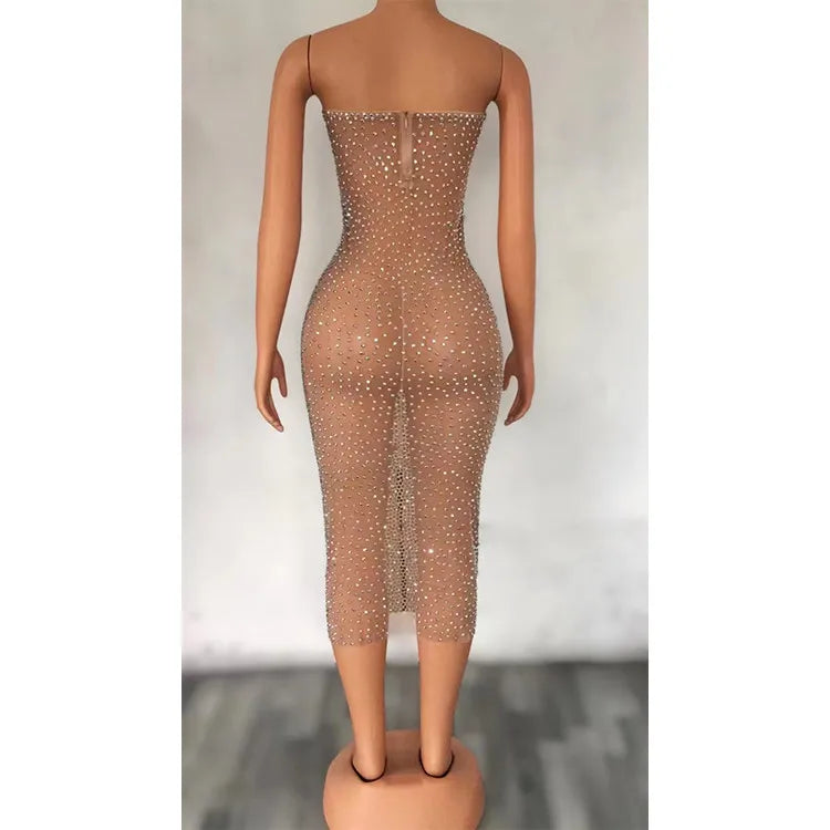 Shining Silver Full Rhinestones Evening Celebrate Dress Dancer Show Stage Costume Prom Party Dresses