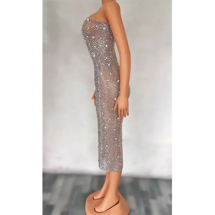 Shining Silver Full Rhinestones Evening Celebrate Dress Dancer Show Stage Costume Prom Party Dresses