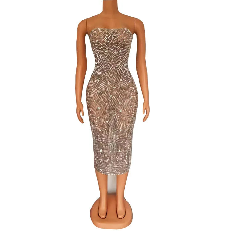 Shining Silver Full Rhinestones Evening Celebrate Dress Dancer Show Stage Costume Prom Party Dresses