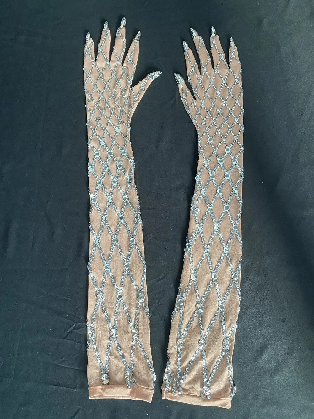 Shining Silver Rhinestone Gloves Women Fashion Mesh Perspective Birthday Celebration Party Long Gloves Dancer Stage Accessories