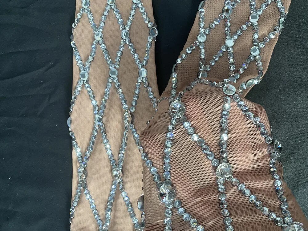 Shining Silver Rhinestone Gloves Women Fashion Mesh Perspective Birthday Celebration Party Long Gloves Dancer Stage Accessories