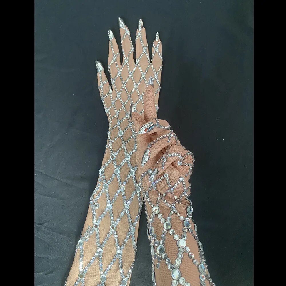 Shining Silver Rhinestone Gloves Women Fashion Mesh Perspective Birthday Celebration Party Long Gloves Dancer Stage Accessories