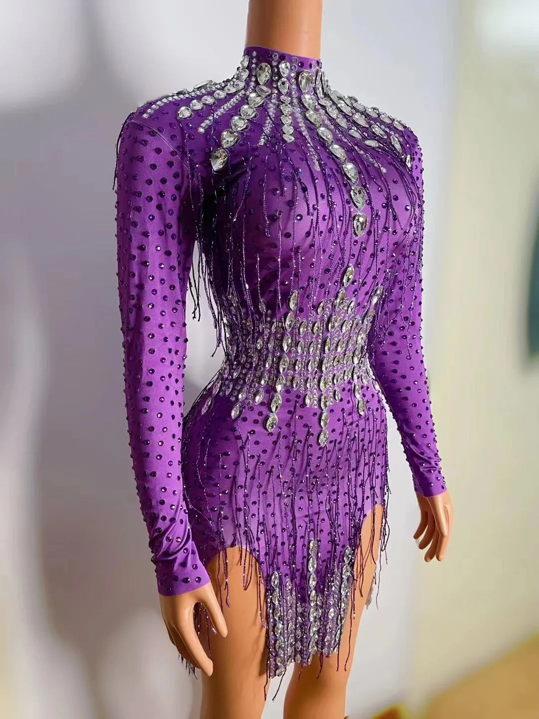 Shining Rhinestone Tassel Party Prom Dress Women Sexy Purple Birthday Celebration Crystal Dress Dancer Fringes Dress Stage Wear