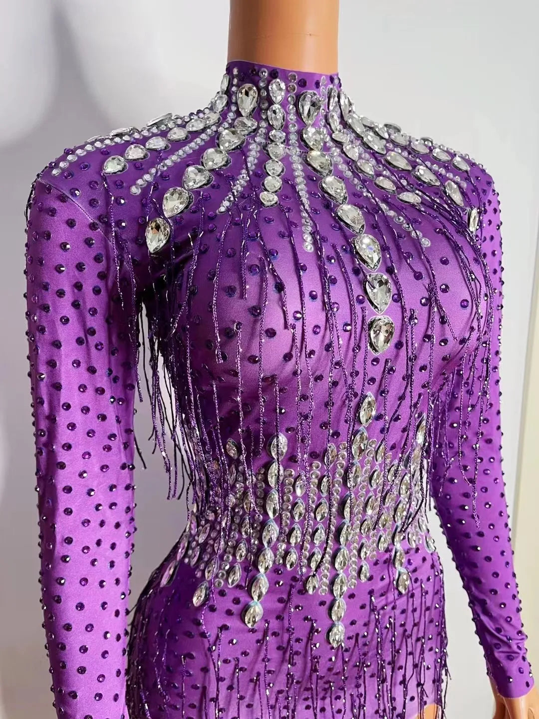Shining Rhinestone Tassel Party Prom Dress Women Sexy Purple Birthday Celebration Crystal Dress Dancer Fringes Dress Stage Wear